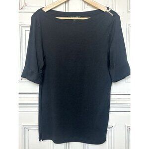 NEW Lauren Ralph Lauren W's Sz M Top Cuffed Short Sleeve Black Gold Zip Accent